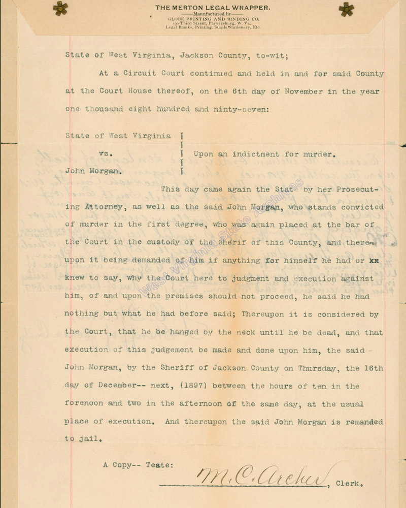 Jackson County Circuit Court order for the execution of John Morgan, 1897. (Ar2018)