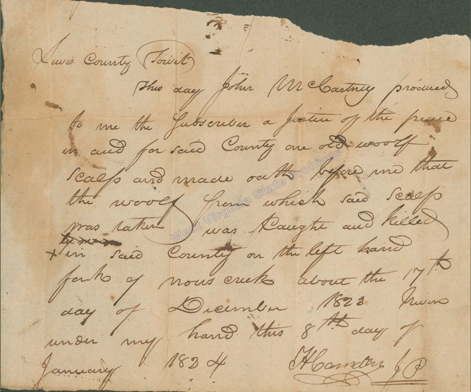 Wolf scalp claim by John McCartney, Lewis County, 1824. (Ar2085)