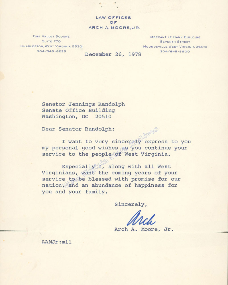 Congratulatory letter from Arch A. Moore Jr. to Senator Jennings Randolph following the 1978 election. Moore and Randolph ran against one another in a hotly contested election. (Ms2017-016)