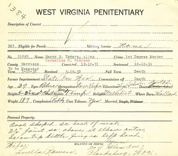 Inmate Information Sheet for Harry Powers