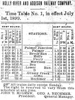 Holly River and Addison Railway Rates Table